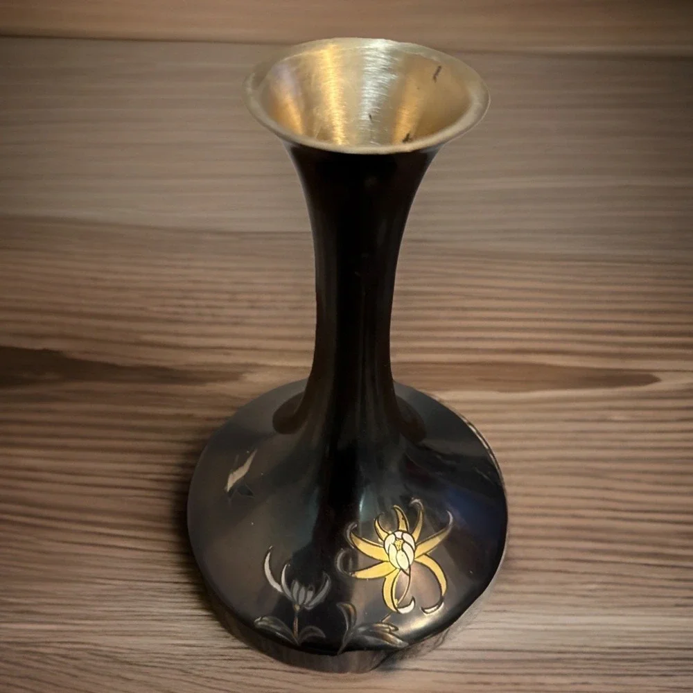 Japanese Vintage Black Metal Floral Vase with‎ Narrow Neck 7